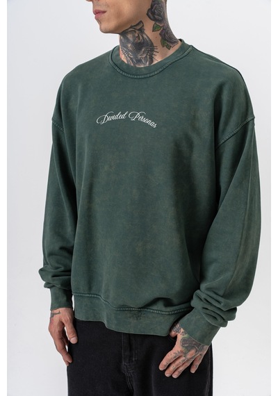 Respire Erkek Divided Baskılı Yıkamalı Bisiklet Yaka Oversize Sweatshirt Yeşil