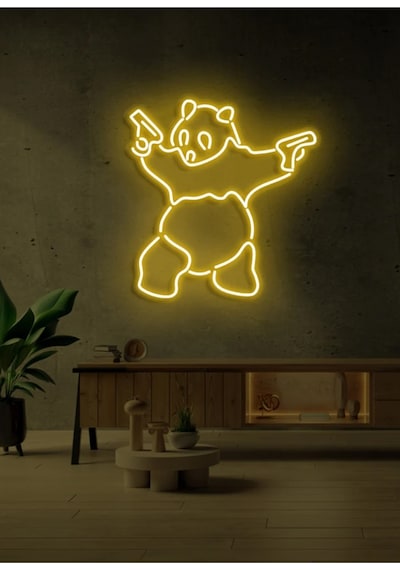 Panda Figürlü Neon Tabela Sarı