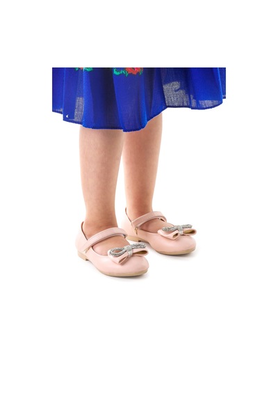 Kiko Kids Papyon Taşlı Cırtlı Kız Çocuk Babet Ayakkabı 254 Cilt Pudra
