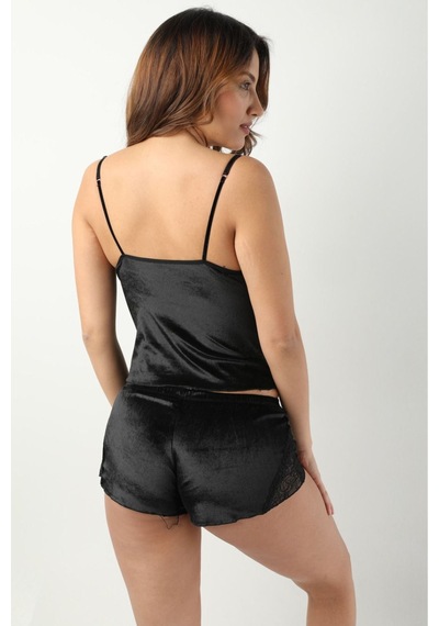 Sistina Siyah - 421 - Kadife Dantelli Sabahlık & Gecelik Takım 3' Lü - 1399 - - Myceshop - Beden S/m
