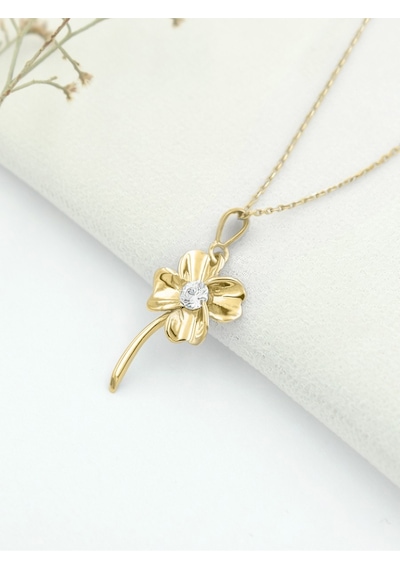 Brezza Lusso Jewelry Dört Yapraklı Yonca Gümüş Kolye Altın Kaplama 45 CM