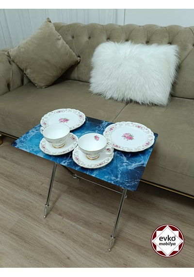 Evko Mobilya Çanta Zigon Sehpa, 4'lü Sehpa, Zigon Sehpa, Servis Sehpası, Camlı Sehpa, Katlanır Sehpa Okyanus Mavi