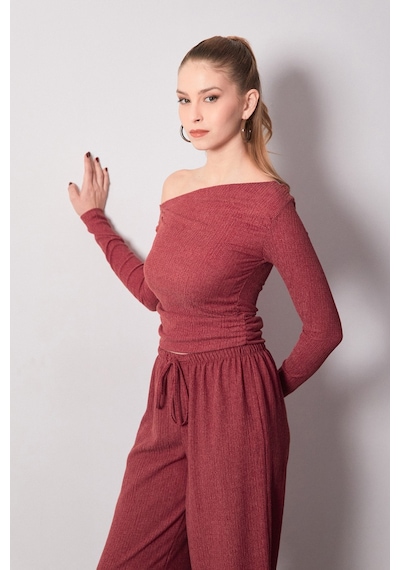 Fullamoda Bürümcük Kumaş Drapeli Kayık Yaka Bluz 25ygb650128140-bordo Bordo