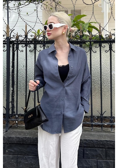 Madmext Füme Uzun Kollu Oversize Gömlek Mg2003-füme Füme