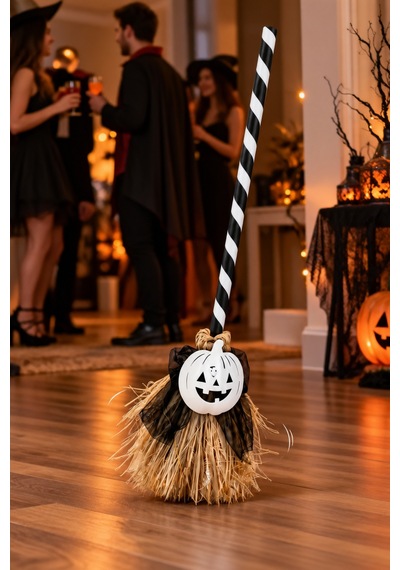 Halloween Cadılar Bayramı Dans Eden Yürüyen Süpürge Sesli Işıklı Beyaz Balkabağı Dekoru 79 Cm Diğer