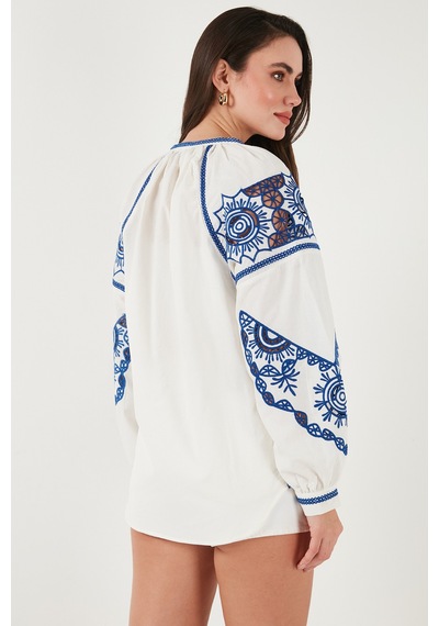 Lela Nakışlı Oversize Fit Pamuklu V Yaka Bayan Gömlek 676242 Ekru
