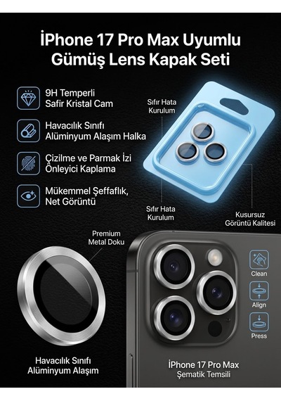 Apple iPhone 17 Pro Max Uyumlu Kamera Koruyucu Lens Gümüş