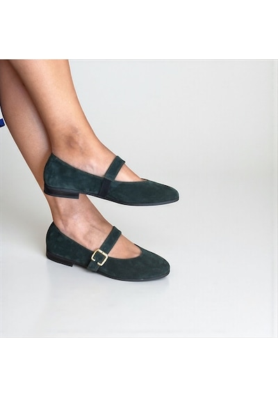 Ne&ve Shoes Koyu Yeşil Süet Hakiki Deri Yuvarlak Burunlu Tokalı Kadın Babet