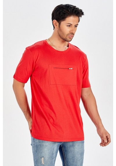Peraluna Ön Orta Fermuarlı Düz Kesim Kırmızı Erkek T-Shirt-Kırmızı