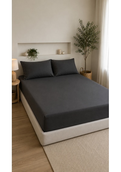 Çift Kişilik Lastikli Çarşaf Takımı 2 Adet Yastık Kılıflı 50x70 160x200+30 %100 Pamuk Siyah