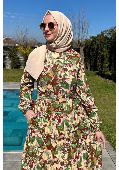 Rabia Şamlı Tropikal Desenli Elbise Normal