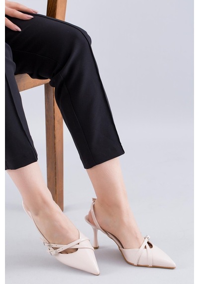 Stilbagshoes Linda Çift Bant Toka Detaylı Kadın Topuklu Ayakkabı Bej-bej Bej