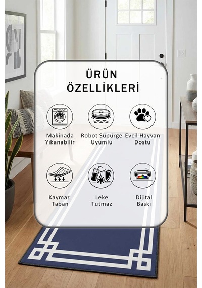 Çerçeve Klasik Zemin Lacivert Beyaz Yıkanabilir Yolluk