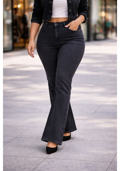 Cedy Denim Cedy Denım - Kadın Büyük Beden İspanyol Paça Yüksek Bel Skinny Fit Likralı Pantolon C628 Gri