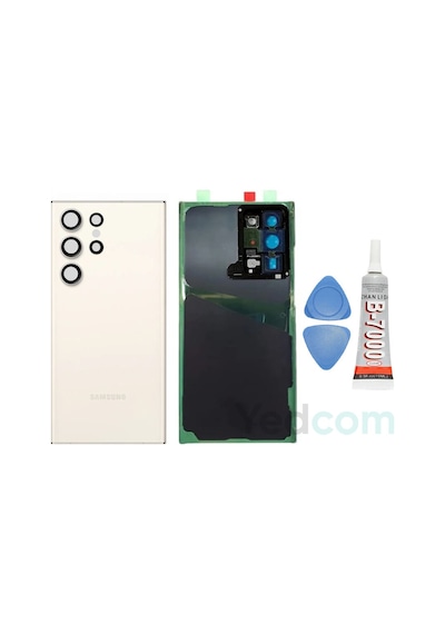 Samsung S23 Ultra Beyaz Uyumlu Kamera Camlı Arka Cam Batarya Pil Kapağı Telefon Arka Kapak