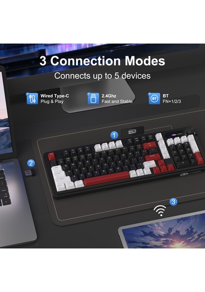 Magegee Gk960 Tri-mode Rgb Membran Siyah-bordo Gaming Klavye