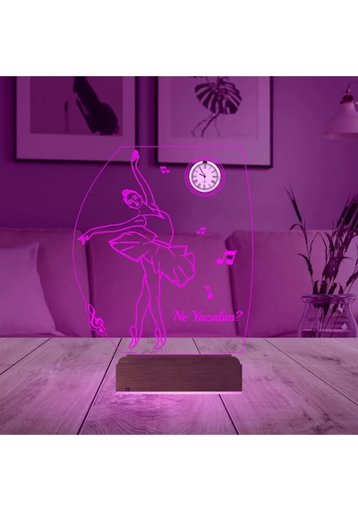 Luvivia Balerin Hediye Bale Nota Tasarım Kişiye Özel Metal Saatli 3d Lamba - Masa Gece Lambası
