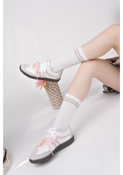 Muggo Retro Çift Bağcıklı Günlük Kadın Sneaker Spor Ayakkabı Pudra