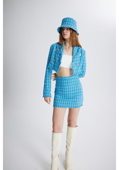 Holly Lolly Tüvit Kumaş Crop Tweed Ceket Mavi