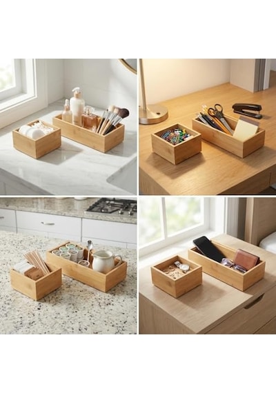 Deconox 2'li Çok Amaçlı Bambu Organizer Set - Büyük Ve Küçük Boy Banyo, Mutfak Ve Ofis Düzenleyici Kutu - Ahşap Dekoratif Saklama Seti 33x16x12 Cm & 15x15x6 Cm