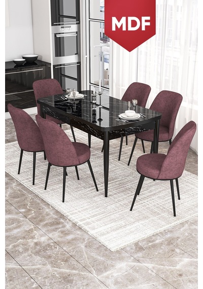 Canisa Concept Kor Serisi, MDF 70x114 Açılabilir Yemek Masası Takımı, Siyah Mermer Desen Masa Ve 6 Gülkurusu Sandalye Canisa Concept Kor Serisi, MDF 70x114 Açılabilir Yemek Masası Takımı, Siyah Mermer Desen Masa Ve 6 Gülkurusu Sandalye