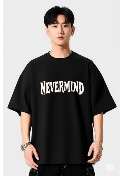 Nevermind Unisex Oversize Tişört Ön Yazı Ve Arka Şehir Manzaralı Kırık Ca Siyah Nevermind Unisex Oversize Tişört Ön Yazı Ve Arka Şehir Manzaralı Kırık Ca Siyah