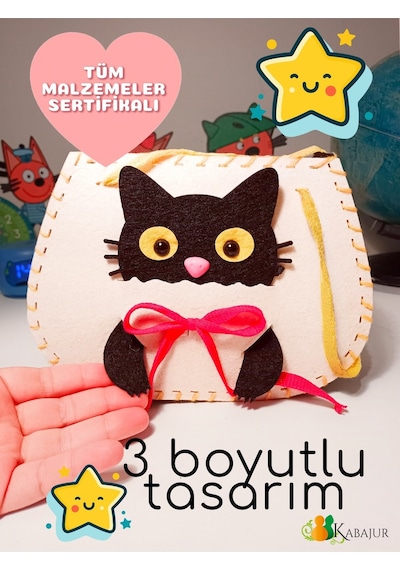 Çocuklar İçin Keçe Çanta Dikiş Seti Siyah Kedi Tasarımlı Çocuk Hobi Kiti