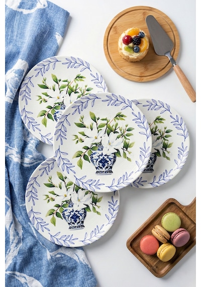 Grandora Vazo Ve Çiçek Desenli 6 Adet, 20 Cm Modern Pasta Tatlı Tabağı Seti Şık Kahvaltılık Tabak Beyaz Çiçekli