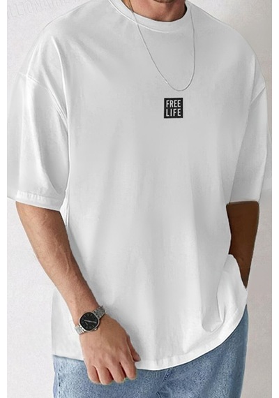 Flood Of Style Erkek Beyaz Free Life Baskılı Oversize