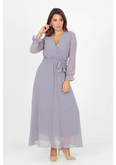 Neşeli Butik Kadın Kruvaze Yaka Bağlama Detaylı Yeni Sezon Uzun Şifon Elbise Kts003 Gri