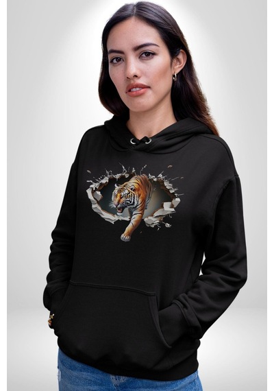 Kırık Duvar Kaplan Kadın Erkek Siyah Kapüşonlu Sweatshirt Hoodie Siyah