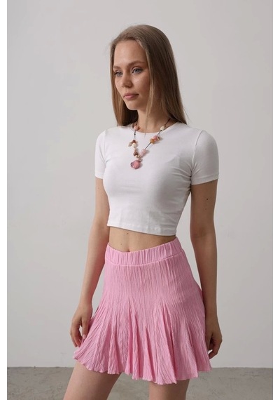 Defymoda Beli Lastikli Mini Etek - Pembe Pembe
