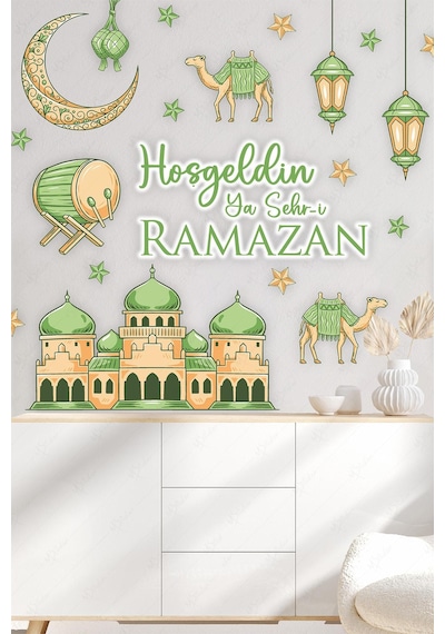 Hoşgeldin Ya Şehr-i Ramazan Yeşil Tonlarda Cami Hilal Develerden Oluşan Cam Duvar Sticker Seti Ramazan Süsleri Seti Çok Renkli