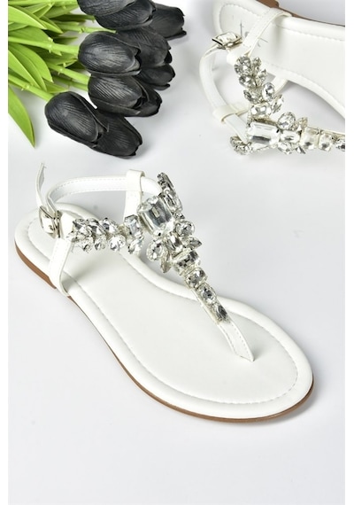 Fox Shoes Beyaz Taşlı Parmak Arası Kadın Sandalet M272006009
