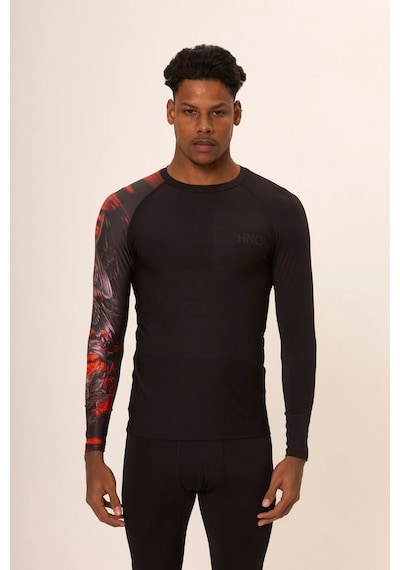 Hnc Sport Kartal Erkek Uzun Kol Tek Kol Dijital Baskılı Compression Fitness Gym Spor Body Tshirt Siyah