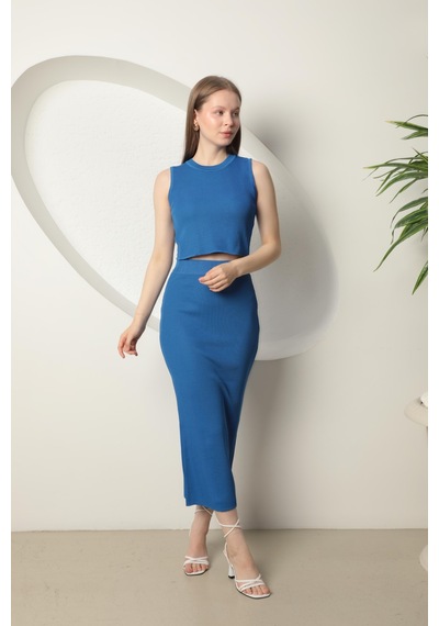 Chıcnhappy Triko Kumaş Croplu Etek Kadın Takım Saks Mavisi - %100 Polyester Saks