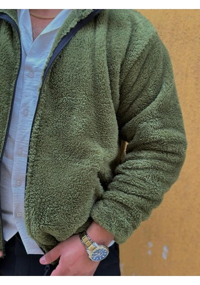Fifty Color Haki Peluş Dik Yaka Cepleri Fermuarlı Oversize Peluş Ceket Haki
