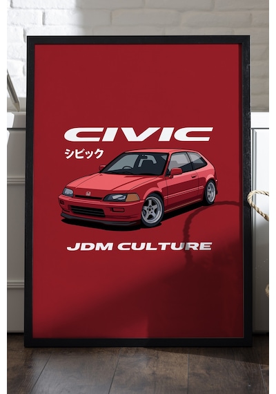 Honda Civic Siyah Ahşap Çerçeveli Poster, Dekoratif Jdm Araba Duvar Tablosu