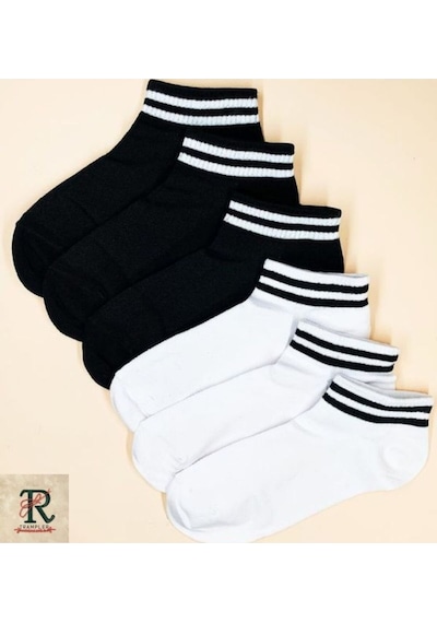 Trampler Unisex 6'lı Kısa Çemberli Kolej Patik Siyah Beyaz Çorap Siyah Beyaz