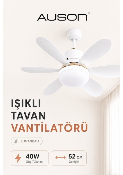 Auson Uzaktan Kumandalı Işıklı Tavan Vantilatörü E27 Duy Uyumlu 3 Işık Modu 3 Kademeli Hız Sessiz Ça