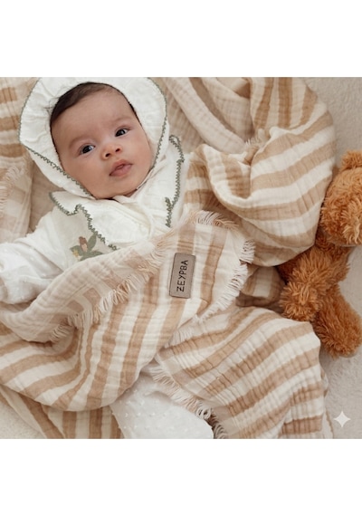 Zeypba Bebek & Çocuk İçin % 100 Pamuk 4 Katlı Müslin Örtü Bej Çizgili 110x110 CM Açık Bej