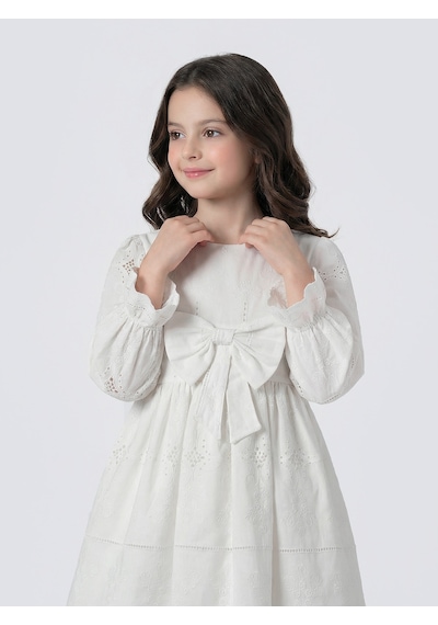 Pina Kids Kız Çocuk Uzun Kollu Önü Kurdelalı Fisto Elbise Beyaz