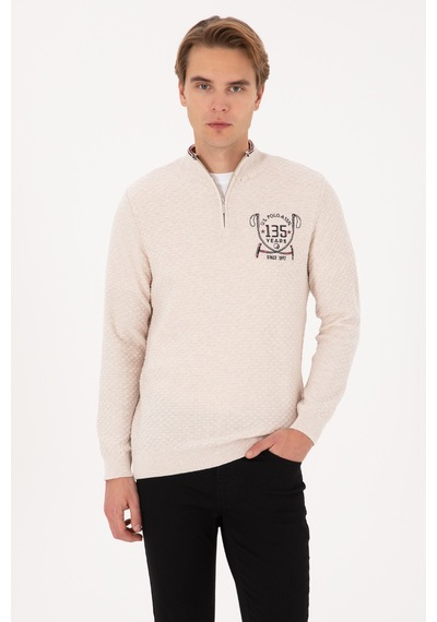 U.S. Polo Assn. Erkek Slim Fit Yarım Fermuarlı Krem Melanj Kazak 50314155-VR159