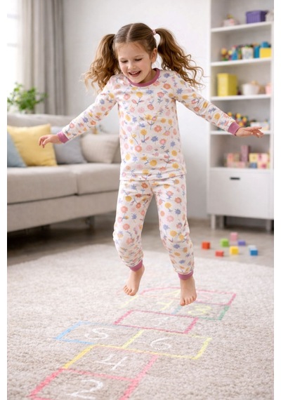 Kız Çocuk Flower Desenli 8 - 13 Yaş Pijama Takımı Krem
