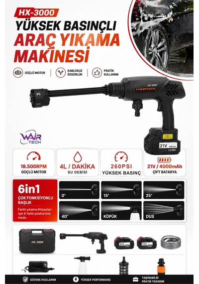 Hx-3000 Profesyonel Yüksek Basınçlı Araç Yıkama Makinesi 260 Psı 18.500 Rpm Çift Bataryalı Şarjlı Tabanca Beyaz