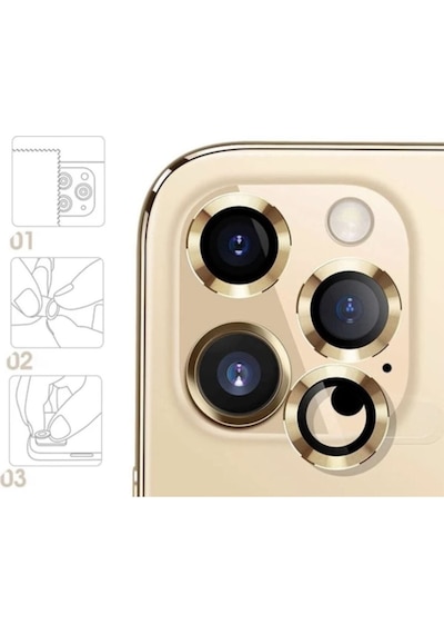 Apple Uyumlu iPhone 12 Pro Kamera Koruyucu Lens Mercek Metal Çerçeveli 3lü Set Gold Altın