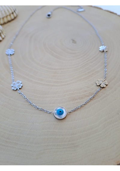 Dali Shop Nazar Boncuklu Çelik Yonca Zincir Kolye Gümüş