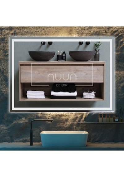 Nuun Dekor 90x70cm Beyaz Ledli Kumlamalı Banyo Aynası Trafolu Beyaz