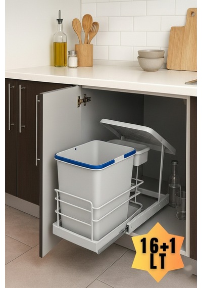 Cassone 16+1 Lt. Dolap İçi Raylı Gri Otomatik Çöp Kovası, Minimum Kapak Genişliği 40 Cm Açık Gri