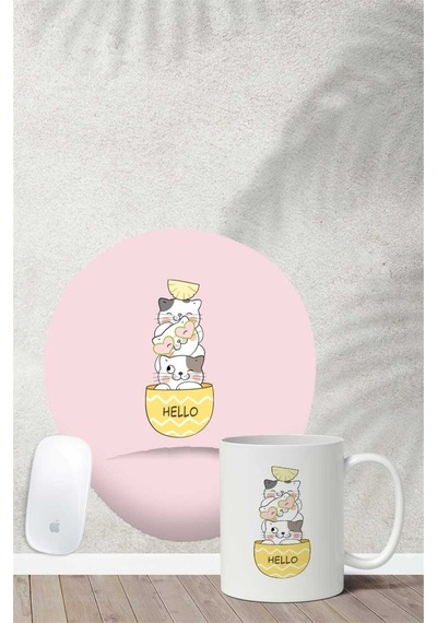 Oyuncu Kediler Desenli Bilek Destekli Mouse Pad Kupa Seti Mousepad